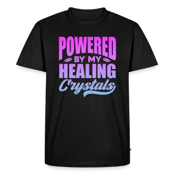 Powered by my healing crystals - Men's Premium Organic T-Shirt - black - Front - Nico (187cm)
