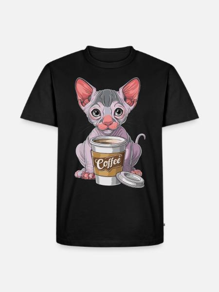 Nacktkatze mit Kaffee - Männer Premium Bio T-Shirt - Schwarz