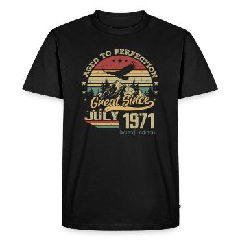 53 years old Aged to perfection born in July 1971 - Men's Premium Organic T-Shirt - black - Front - Nico (187cm)