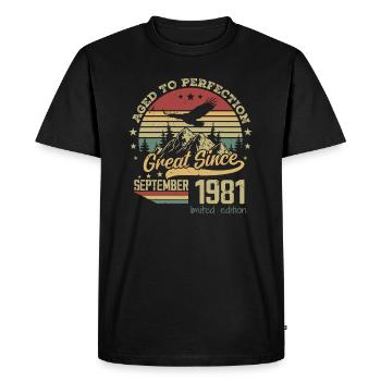 43 years old Aged to Perfection born: September 1981 - Men's Premium Organic T-Shirt - black - Front - Nico (187cm)
