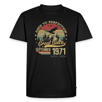 53 years old Aged to perfection born: September 1971 - Men's Premium Organic T-Shirt - black - Front - Nico (187cm)