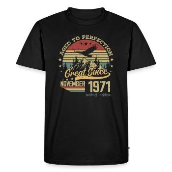 53 years old Aged to Perfection born: November 1971 - Men's Premium Organic T-Shirt - black - Front - Nico (187cm)