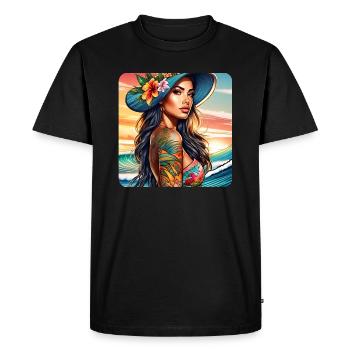 Jolie surfeuse fille sur la plage avec coucher de soleil - T-shirt Premium bio Homme - noir - Devant - Nico (187cm)