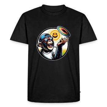 Chimpanzee with sunglasses, baseball cap and frisbee - Men's Premium Organic T-Shirt - black - Front - Nico (187cm)