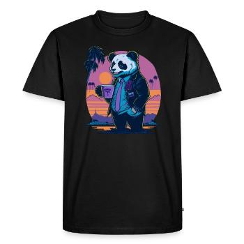80's illustration of a panda with a coffee cup - Men's Premium Organic T-Shirt - black - Front - Nico (187cm)