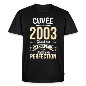 Anniversaire 20 ans - Cuvée 2003 - Cadeau Humour - T-shirt Premium bio Homme - noir - Devant - Nico (187cm)