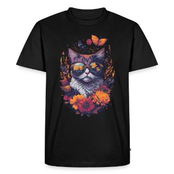 Illustration florale d’un chat portant des lunettes de soleil - T-shirt Premium bio Homme - noir - Devant - Nico (187cm)