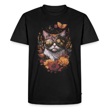 Illustration florale d’un chat portant des lunettes de soleil - T-shirt Premium bio Homme - noir - Devant - Nico (187cm)