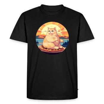 Sunset Feast: Chubby Cat Enjoys - Men's Premium Organic T-Shirt - black - Front - Nico (187cm)