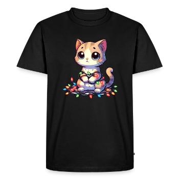 Chat de Noël empêtré dans des guirlandes lumineuses - - T-shirt Premium bio Homme - noir - Devant - Nico (187cm)