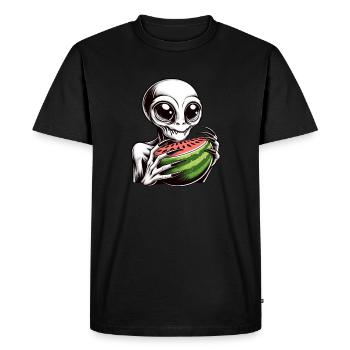 Funny Alien UFO Watermelon Melon - Men's Premium Organic T-Shirt - black - Front - Nico (187cm)