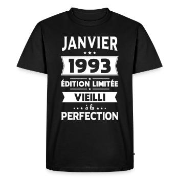 Anniversaire 30 ans - Janvier 1993 Perfection - T-shirt Premium bio Homme - noir - Devant - Nico (187cm)