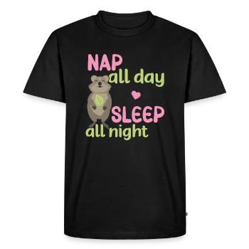 Sieste toute la journée - Dormir toute la nuit / Quokka souriant - T-shirt Premium bio Homme - noir - Devant - Nico (187cm)