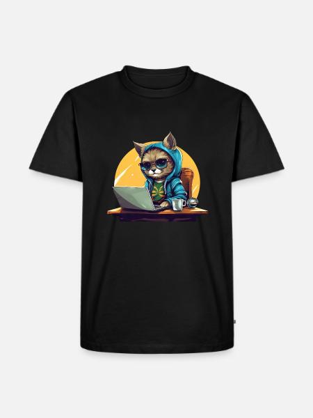 Cool Cat CEO - Start-up Mood with Laptop - Men's Premium Organic T-Shirt - black