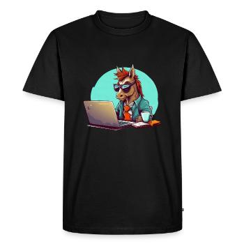 Horse Power CEO - Café et ordinateur portable en entreprise - T-shirt Premium bio Homme - noir - Devant - Nico (187cm)