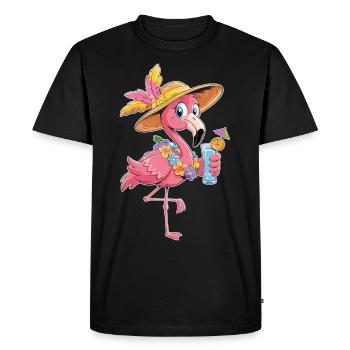 Flamant rose avec boisson – Look de fête d’été - T-shirt Premium bio Homme - noir - Devant - Nico (187cm)