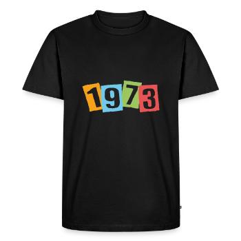 Né en 1973 – Anniversaire avec de grands numéros colorés - T-shirt Premium bio Homme - noir - Devant - Nico (187cm)