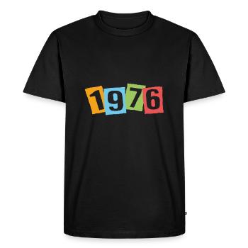 Né en 1976 – Anniversaire avec de grands numéros colorés - T-shirt Premium bio Homme - noir - Devant - Nico (187cm)