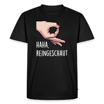 Drôle Haha regardé doigt trou chemise - T-shirt Premium bio Homme - noir - Devant - Nico (187cm)
