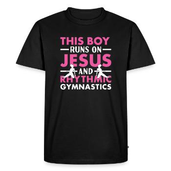 Un garçon gymnaste court sur Jésus et la gymnastique rythmique - T-shirt Premium bio Homme - noir - Devant - Nico (187cm)