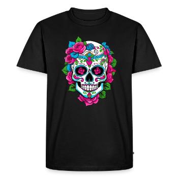 T-Shirt Tête de Mort Mexique Roses Rose - T-shirt Premium bio Homme - noir - Devant - Nico (187cm)