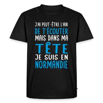 Dans ma tête je suis en Normandie - Cadeau humour - T-shirt Premium bio Homme - noir - Devant - Nico (187cm)