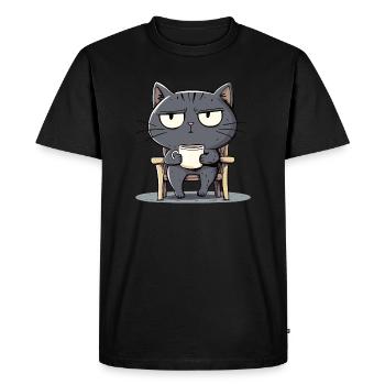 Gray cat sitting on the chair with coffee - Men's Premium Organic T-Shirt - black - Front - Nico (187cm)