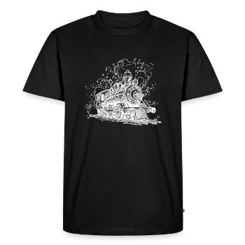 Smoking steam locomotive on tracks under steam - Men's Premium Organic T-Shirt - black - Front - Nico (187cm)