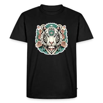 Tigre avec des fleurs de roses cadeau - T-shirt Premium bio Homme - noir - Devant - Nico (187cm)