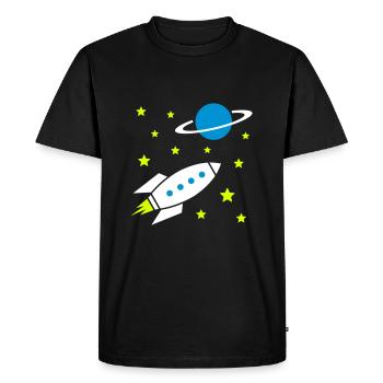 Spaceship, stars and planet with ring - Men's Premium Organic T-Shirt - black - Front - Nico (187cm)
