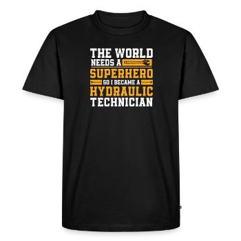 Funny hydraulic superhero A legend of the - Men's Premium Organic T-Shirt - black - Front - Nico (187cm)