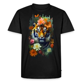 Tigre parmi les fleurs 🌸💛 - T-shirt Premium bio Homme - noir - Devant - Nico (187cm)