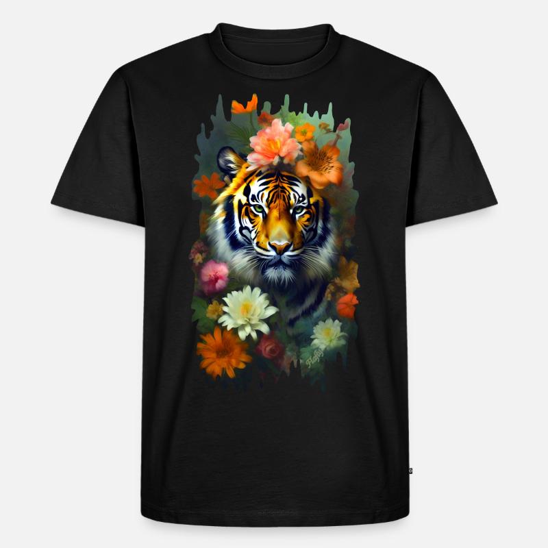 Tiger zwischen den Blumen 🌸💛 - Männer Premium Bio T-Shirt - Schwarz
