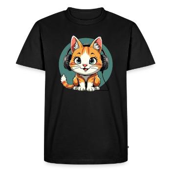 Chat mignon avec des écouteurs - écouter de la musique - T-shirt Premium bio Homme - noir - Devant - Nico (187cm)