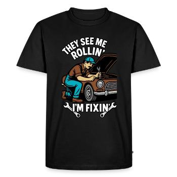Ils me voient rouler Je répare - T-shirt Premium bio Homme - noir - Devant - Nico (187cm)
