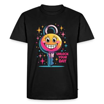 Déverrouillez votre journée - Happy Key Cartoon - T-shirt Premium bio Homme - noir - Devant - Nico (187cm)