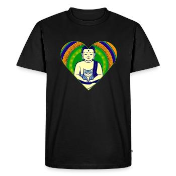 Buddha with cat in colorful heart shape - Men's Premium Organic T-Shirt - black - Front - Nico (187cm)