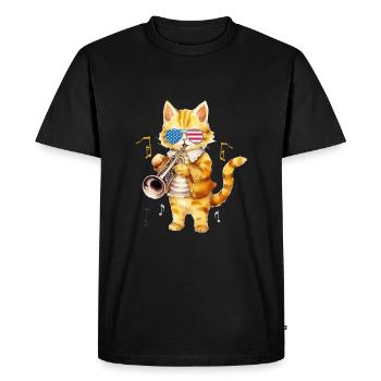 Chat avec des lunettes de soleil jouant de la trompette - T-shirt Premium bio Homme - noir - Devant - Nico (187cm)