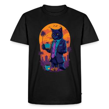 Illustration des années 80 d’un chat avec une tasse de café - T-shirt Premium bio Homme - noir - Devant - Nico (187cm)