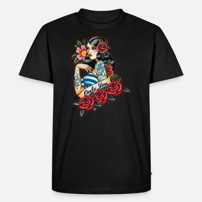 Tattoo Pin Up Gitana Blumen - Männer Premium Bio T-Shirt - Schwarz