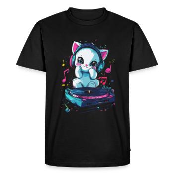 Chat mignon avec des écouteurs et un disque vinyle - T-shirt Premium bio Homme - noir - Devant - Nico (187cm)