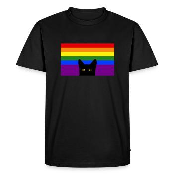 Chat jetant un coup d’œil sur le drapeau arc-en-ciel - T-shirt Premium bio Homme - noir - Devant - Nico (187cm)