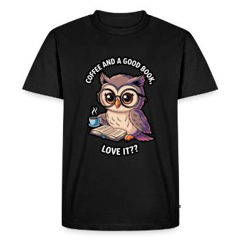 Eule mit Buch und Kaffee – Cozy Reading Design - Männer Premium Bio T-Shirt - Schwarz - Vorne - Nico (187cm)