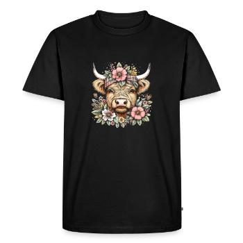 Scottish Highland Cow with Flowers - Men's Premium Organic T-Shirt - black - Front - Nico (187cm)