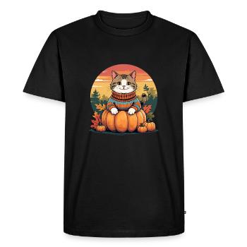 Autumn cat on pumpkin – cozy & cute - Men's Premium Organic T-Shirt - black - Front - Nico (187cm)