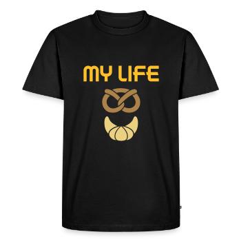 Ma vie (bretzel, croissant) - T-shirt Premium bio Homme - noir - Devant - Nico (187cm)