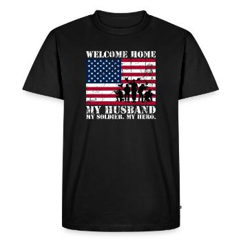 Bienvenue à la maison mon mari mon soldat mon héros - T-shirt Premium bio Homme - noir - Devant - Nico (187cm)