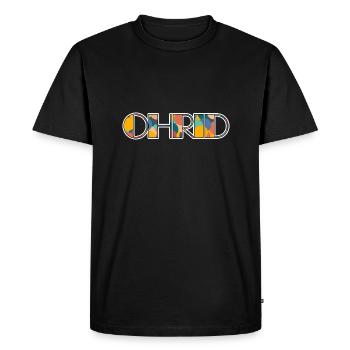 Typographie pop rétro d’Ohrid - Art vibrant du nom de la ville - T-shirt Premium bio Homme - noir - Devant - Nico (187cm)