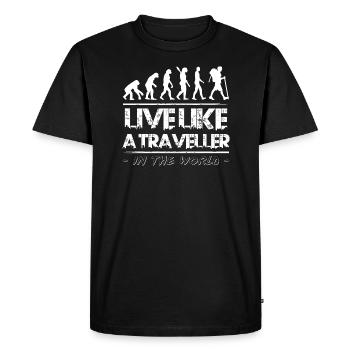 Vivez comme un voyageur - T-shirt Premium bio Homme - noir - Devant - Nico (187cm)