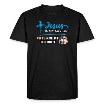 Jésus est mon sauveur, les chats sont ma thérapie - T-shirt Premium bio Homme - noir - Devant - Nico (187cm)